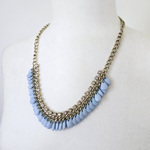 Statement Necklace Blue Beads Rhinestone Goldtone Chain Classic Retro Cocktail - Picture 8 of 12